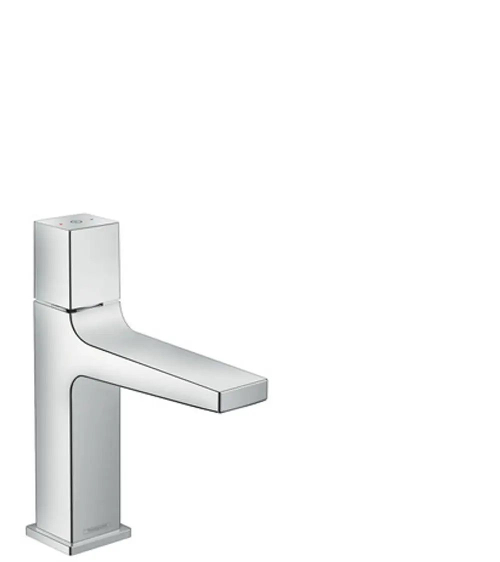 Waschtischmischer von Hansgrohe mit einem schmalen, quadratischen Design und einem ergonomischen Hebel zur Steuerung des Wasserflusses. Ausführung in Chrom.